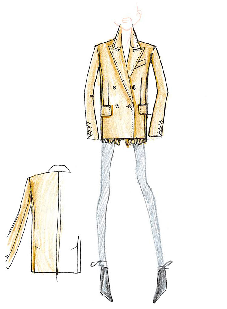 Sketch illustration of the Max Mara Olimpia Jacket design in camel colour with full model. 